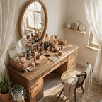 Wooden vanity table with makeup items in a well-lit room