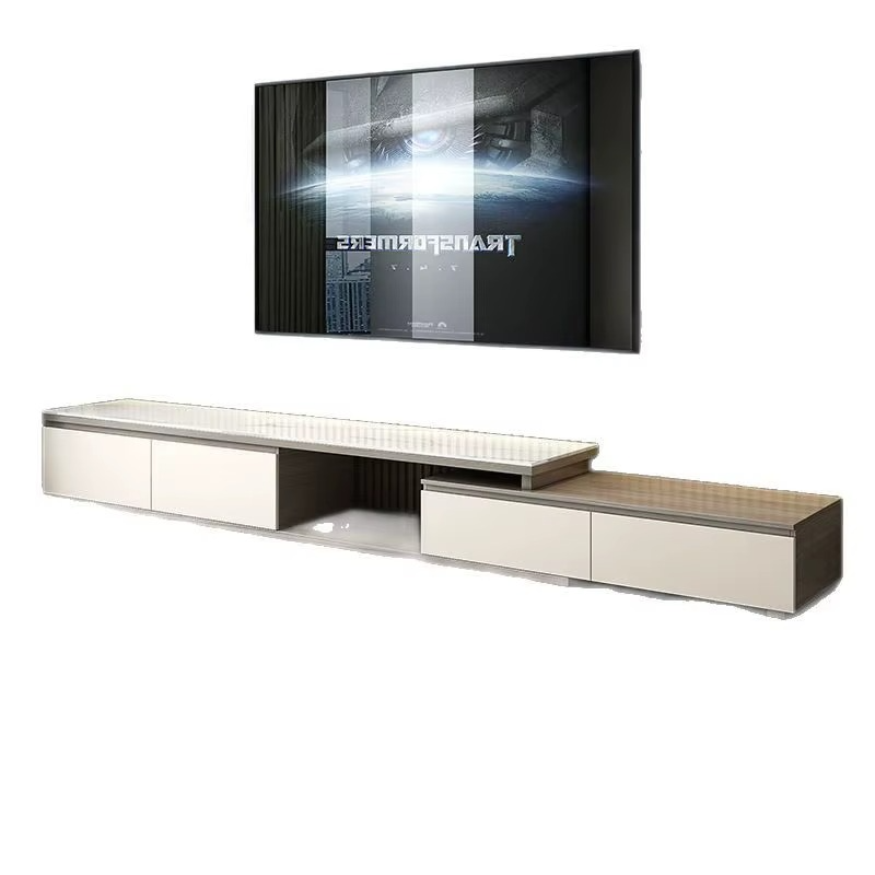 Modern TV stand with a flat-screen TV displaying a brand logo on a white background. Cabinet with coffee table match, Slab marble tv stand. 