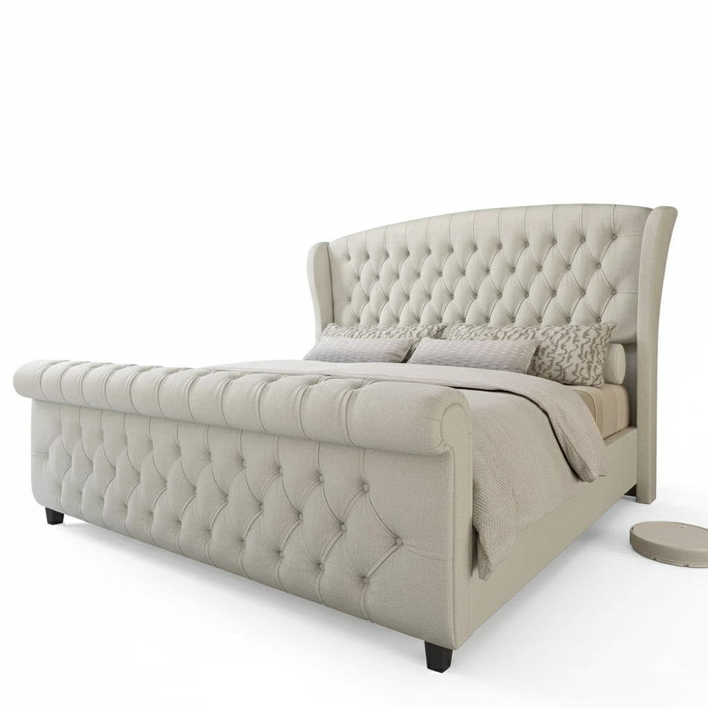 Beige tufted bed with pillows on a white background. Upholstered  bedframe, Minimalist bedframe design, Modern aesthetic bedframe, wood furniture, bedroom furniture, Elegant bedframe design, Indoor furniture. 