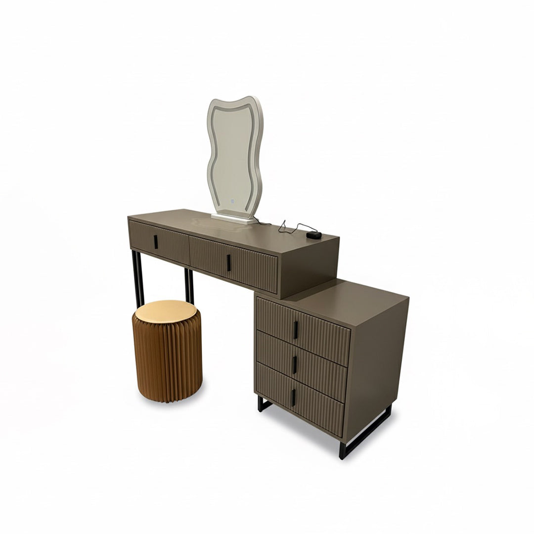 Dressing table with mirror and stool on a white background. Bedroom furniture, Vanity mirror, Wood furniture. 