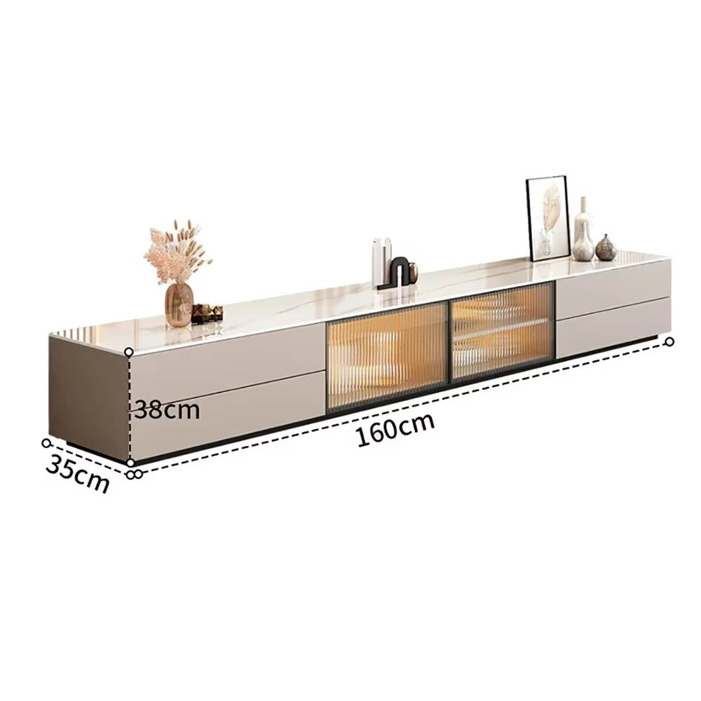 Long rectangular furniture piece with dimensions labeled on a white background. Modern TV Stand design, living room furniture, elegant design, trendy tv stand design.