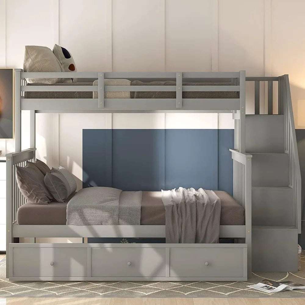 Gray bunk bed with stairs in a room setting. Wood twin bunk bed, Aesthetic modern bed design, Bedroom Furniture. 
