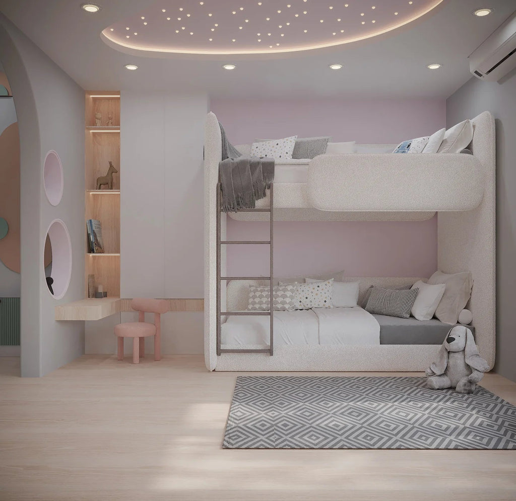 Modern bedroom with a bunk bed, pink walls, and decorative elements. Kid's bed, Boucle bunk bed, Aesthetic bed. 