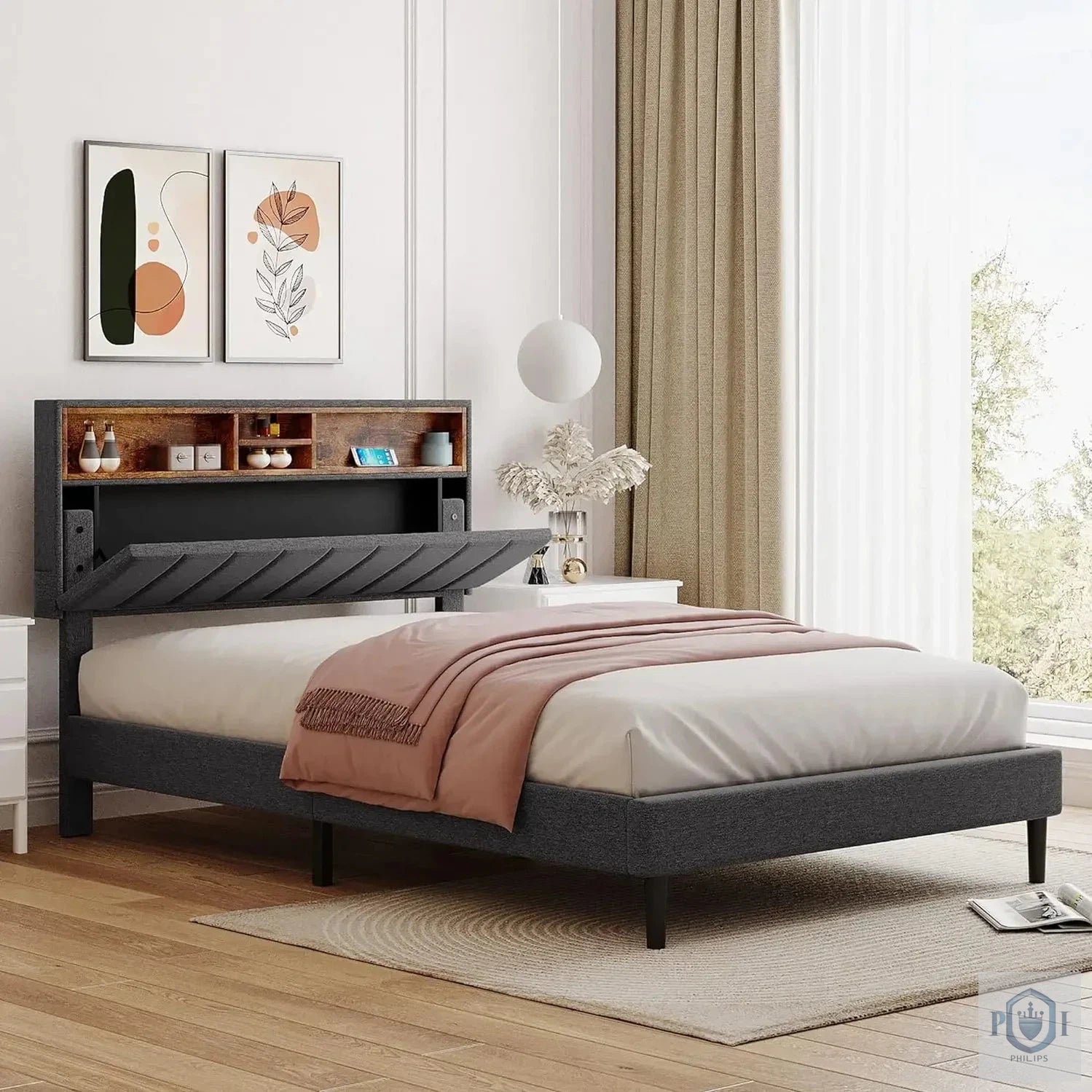 Wooden Platform Upholstered Bed Frame with with Storage Headboard.