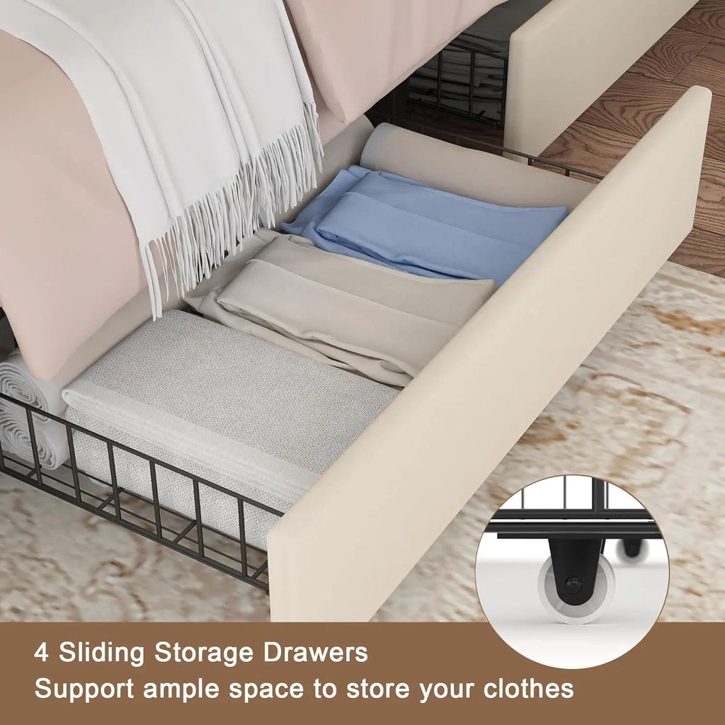 Upholstered Bed Frame with High Headboard, Storage Drawers, USB Charging Ports