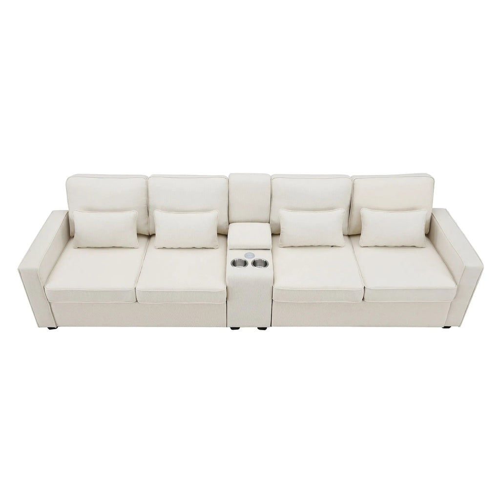 White sectional sofa with storage compartments on a white. background. Upholstered sofa, Sofa with cupholder, Minimalist sofa design.  