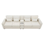 White sectional sofa with storage compartments on a white. background. Upholstered sofa, Sofa with cupholder, Minimalist sofa design.  