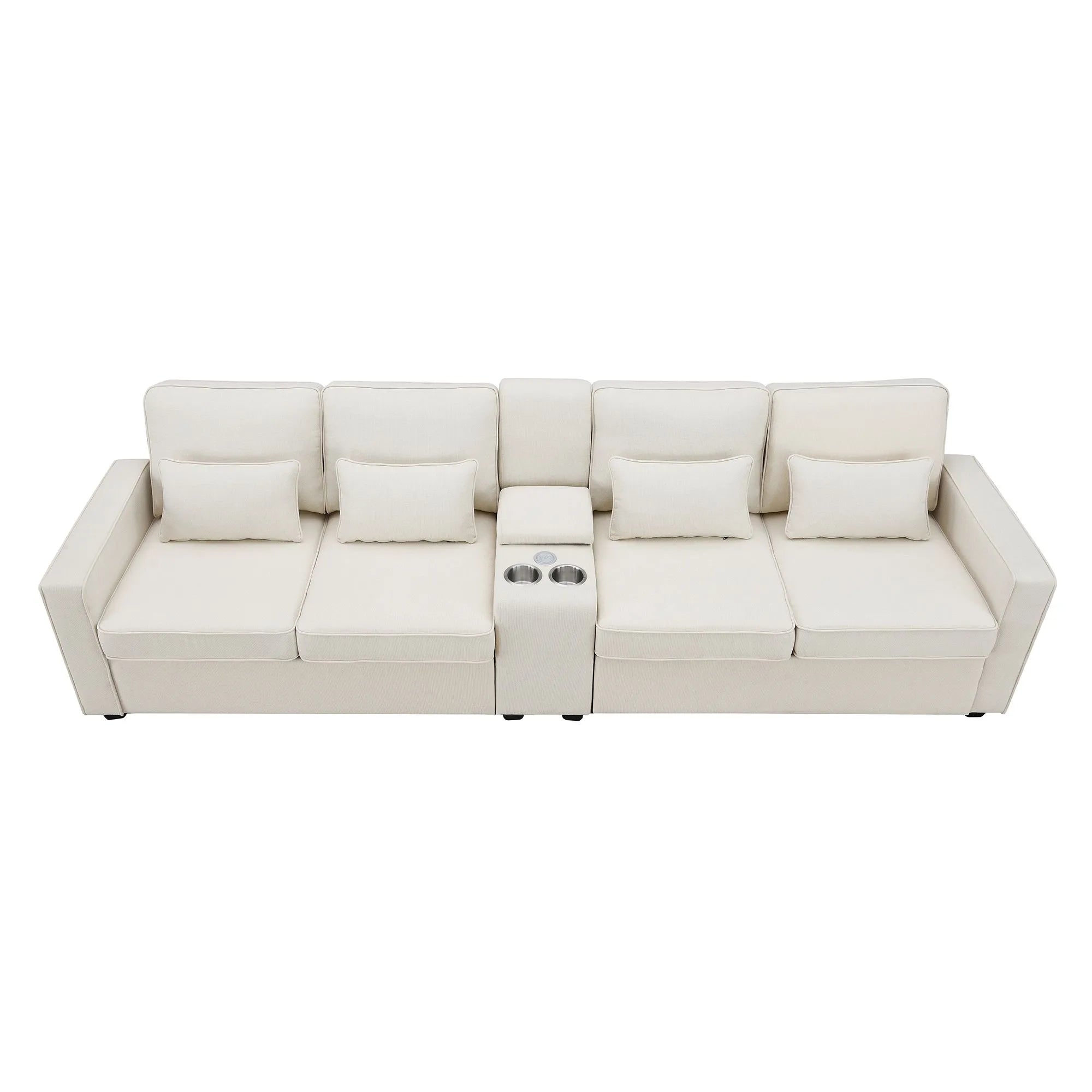 White sectional sofa with storage compartments on a white. background. Upholstered sofa, Sofa with cupholder, Minimalist sofa design.  