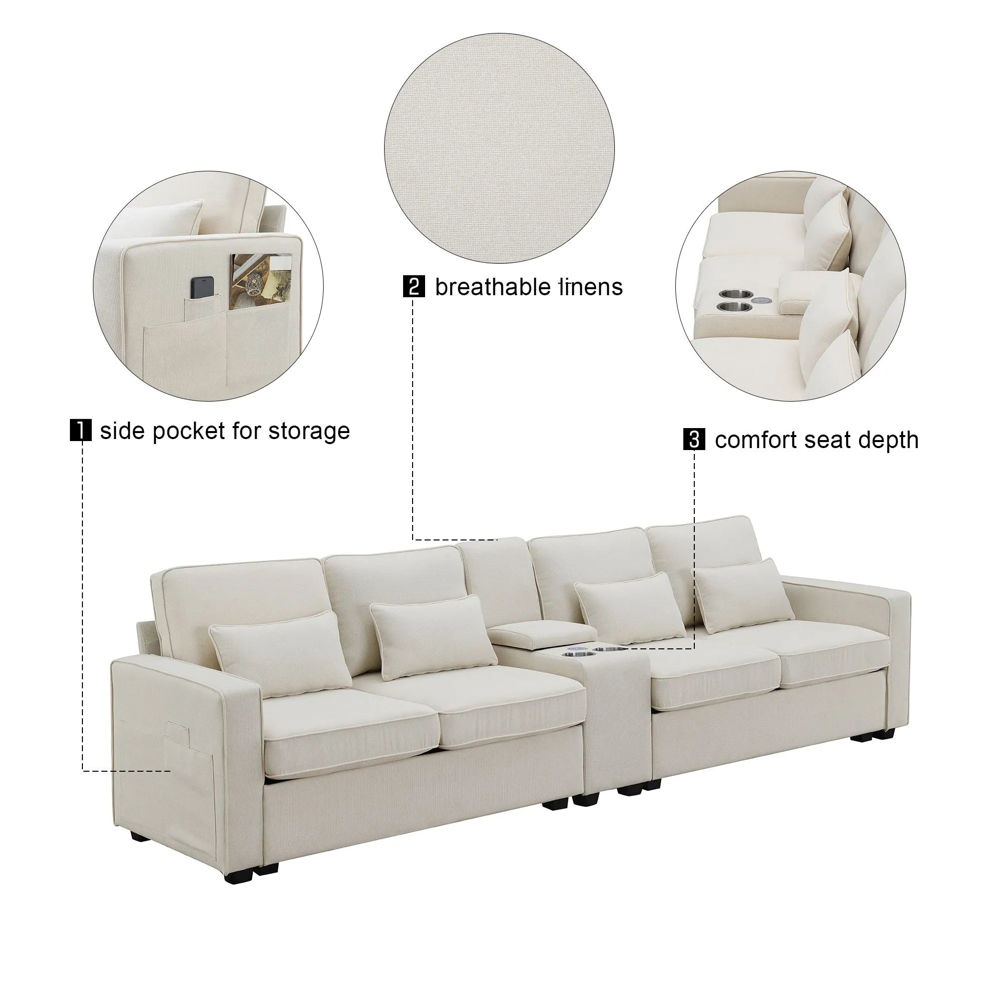Beige sectional sofa with features highlighted on a white background