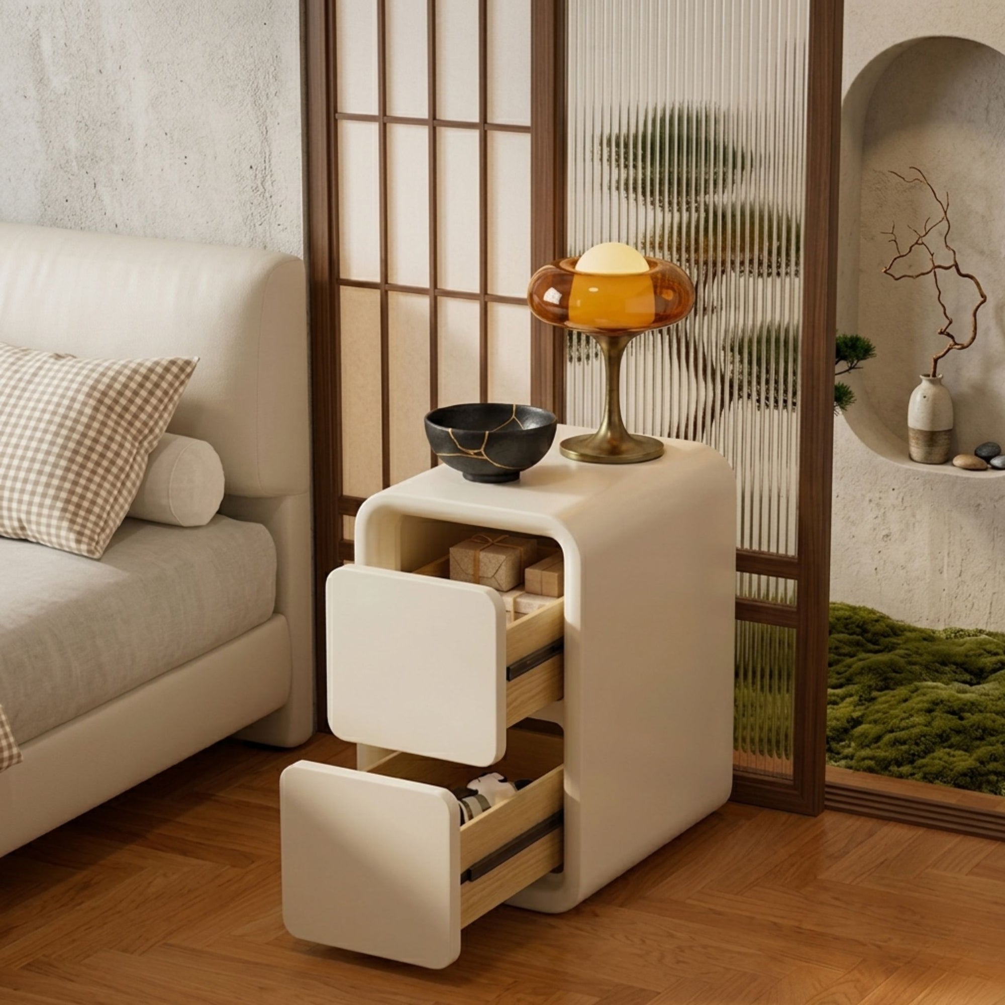 A detailed view of the Vellum Solace Tier Nightstand by Philips Modern Homes with a drawer open, highlighting the seamless, handle-free design and smooth-glide mechanics of the two-drawer storage system
