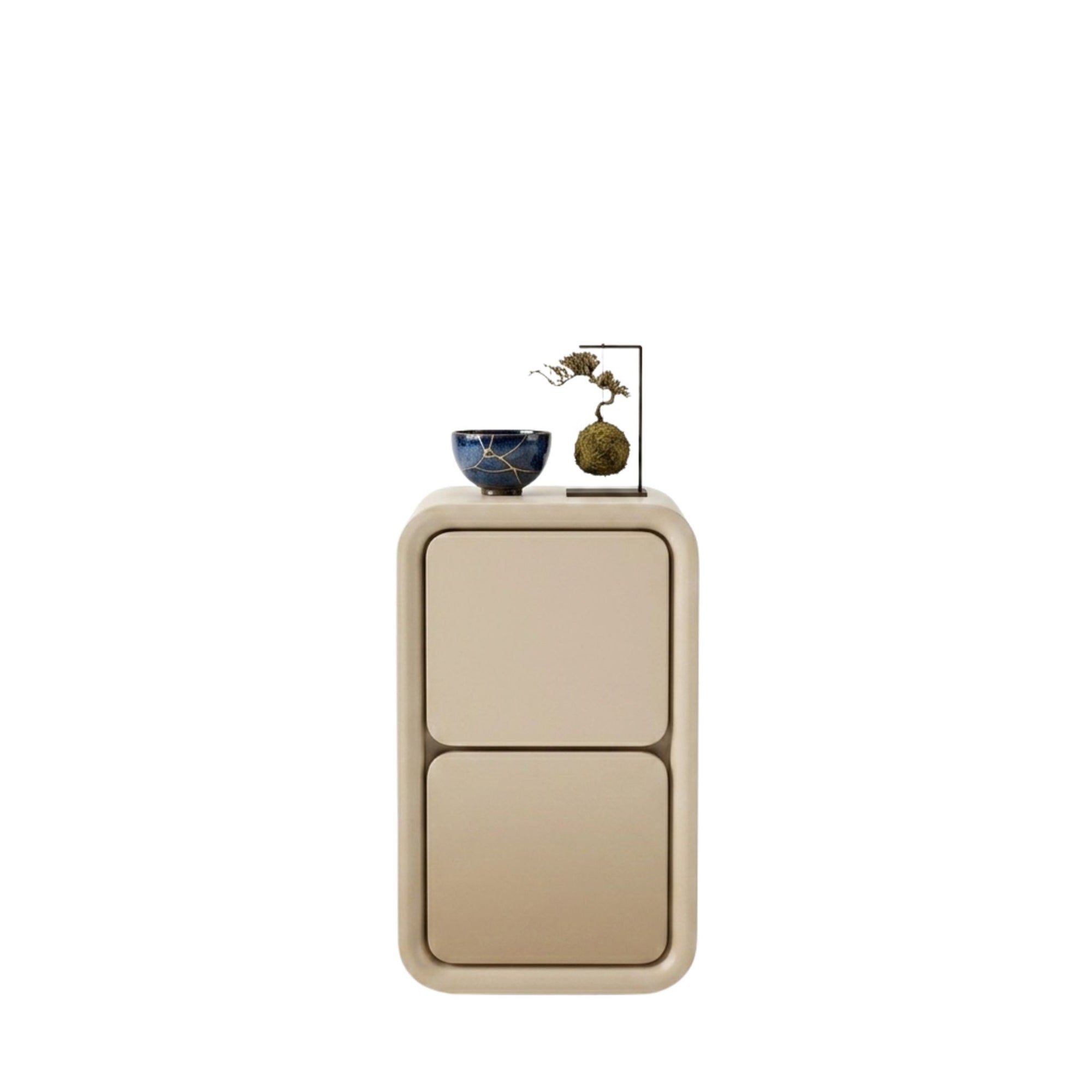 A high-end Vellum Solace Tier Nightstand by Philips Modern Homes featuring a cream-colored minimalist 2-drawer design with rounded edges, displayed on a clean, seamless white background without shadows