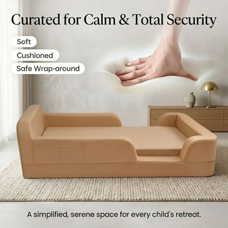 Beige pet bed with text highlighting features and benefits, in a room setting.