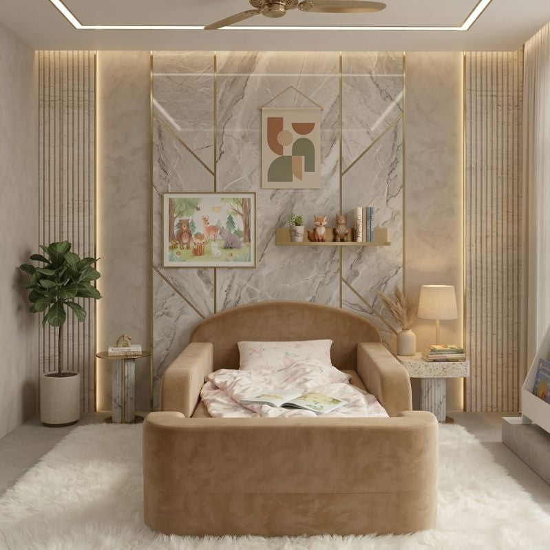 Modern living room with a brown sofa, marble wall, and decorative elements.