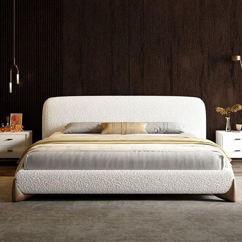 Japandi Minimalist Upholstered Platform Boucle Bed with Wooden Legs