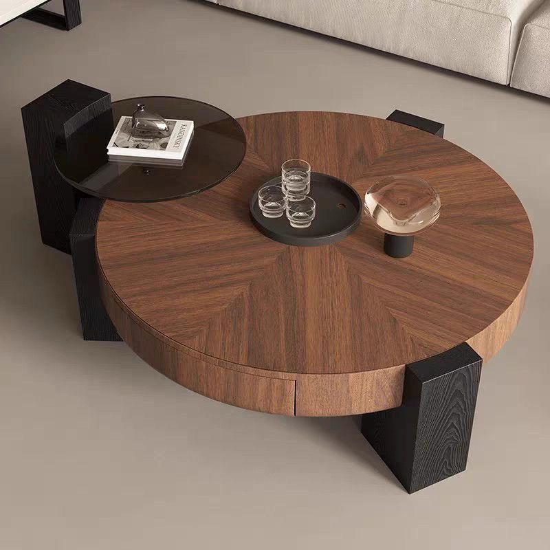 Modern Wooden Coffee Table with Side Top Tempered Glass