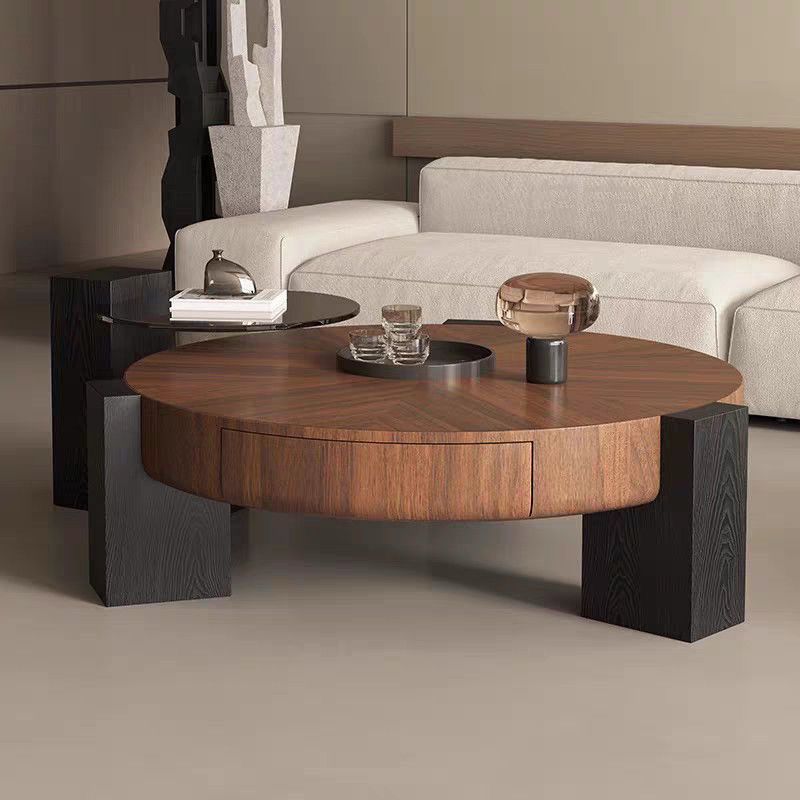 Modern Wooden Coffee Table with Side Top Tempered Glass