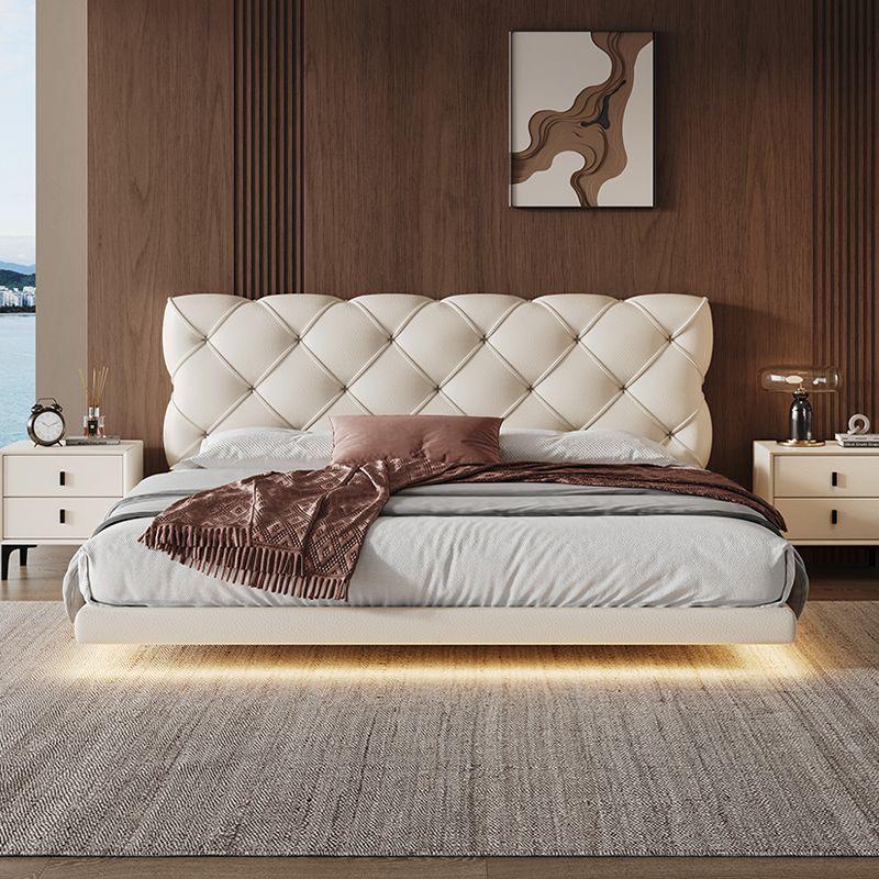 Floating Lighting Bed Frame with Tufted Headboard