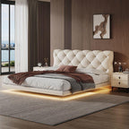 Floating Lighting Bed Frame with Tufted Headboard
