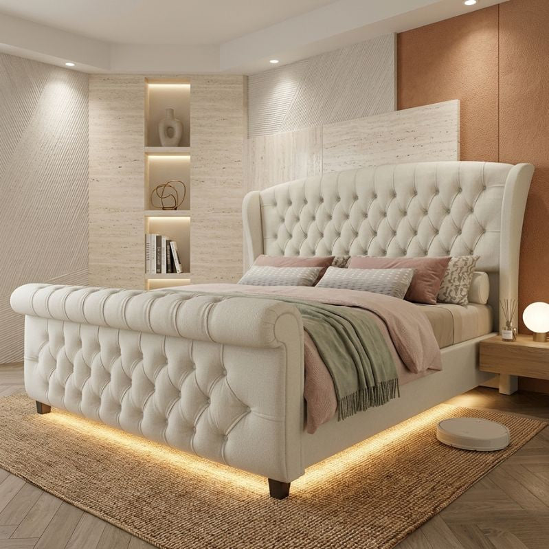 Sophisticated Sleigh Bed with Button Tufted Design