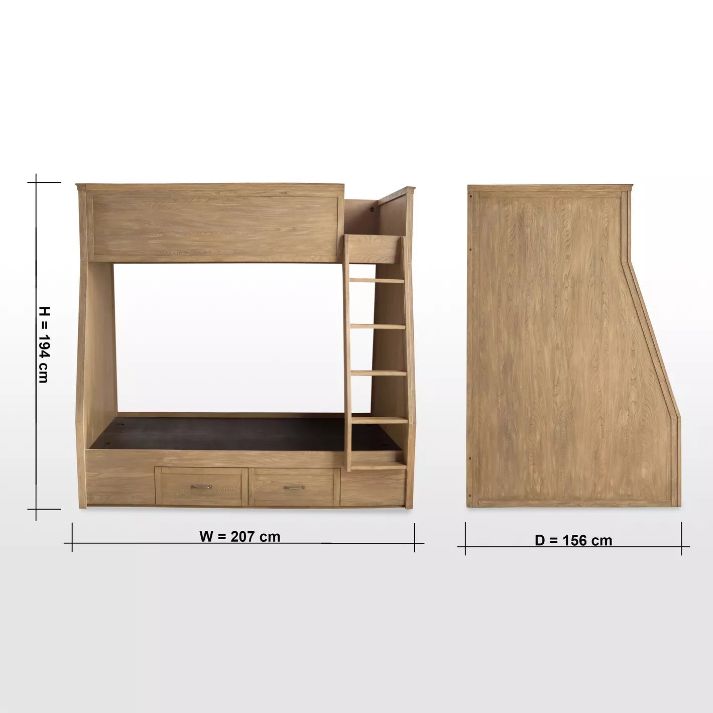 "Wooden bunk bed with dimensions on a white background"