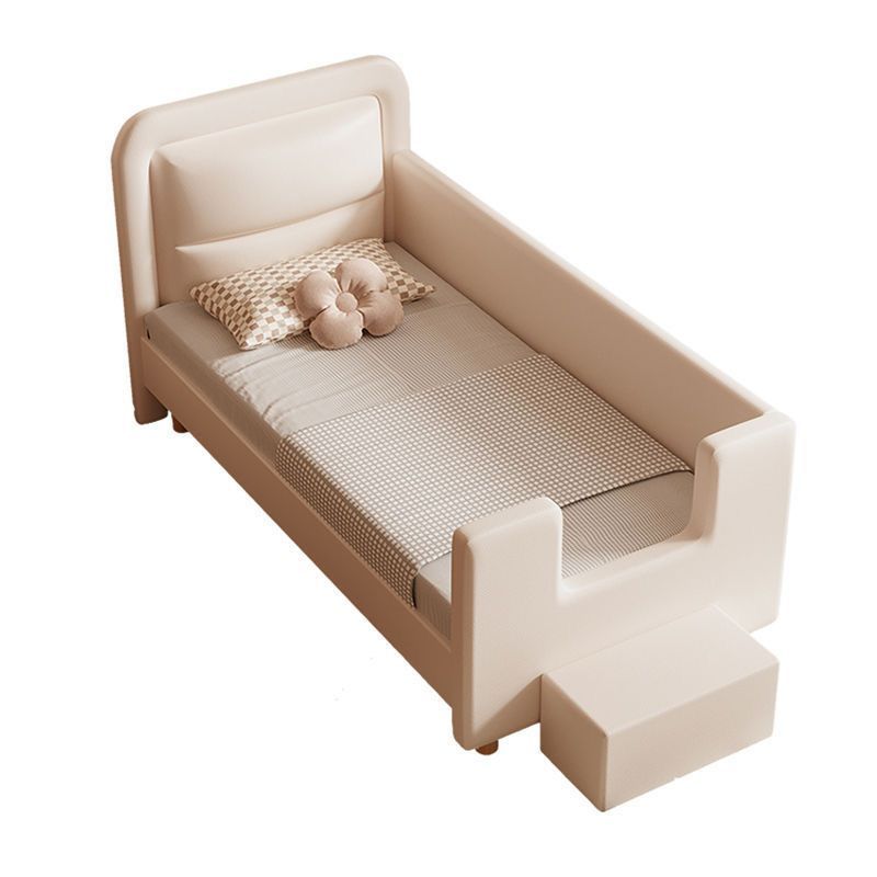 Beige children's bed with pillows and a blanket on a white background. Baby bed, wood bed design, bed for baby boy, aesthetic baby bed design. 