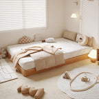 Children's bedroom with a bed, toys, and soft lighting. 