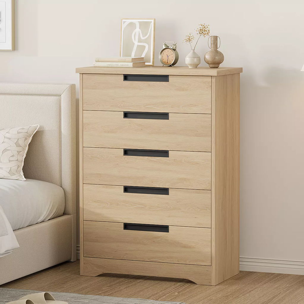 Wooden dresser with five drawers in a bedroom setting. Bedroom furniture, Wood chest drawer, Home furniture. 