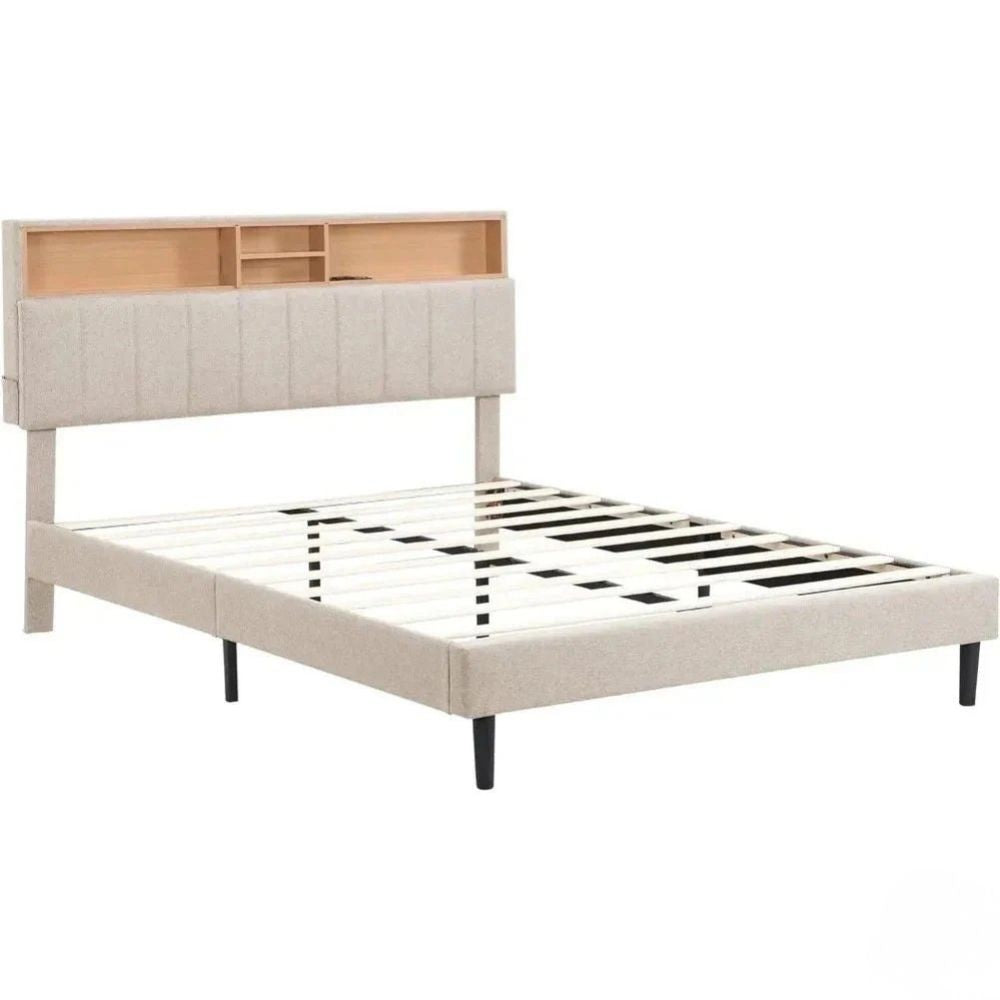 Wooden Platform Upholstered Bed Frame with with Storage Headboard
