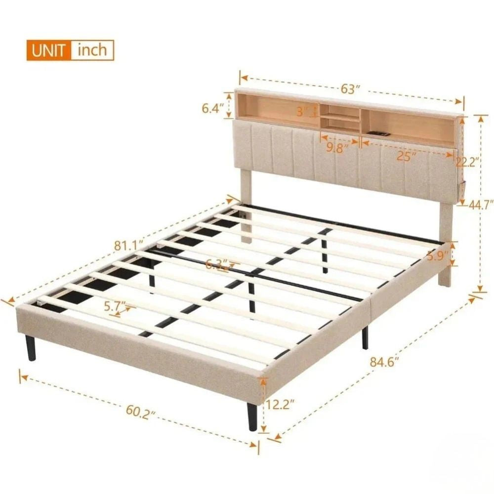 Wooden Platform Upholstered Bed Frame with with Storage Headboard