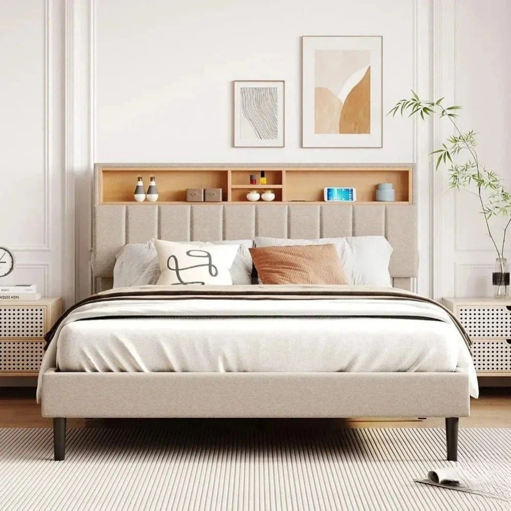 Wooden Platform Upholstered Bed Frame with with Storage Headboard