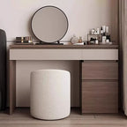 Dressing table with round mirror and various items, featuring a textured white stool. Vanity dresser, Wood furniture, make up vanity, modern make up vanity table. 
