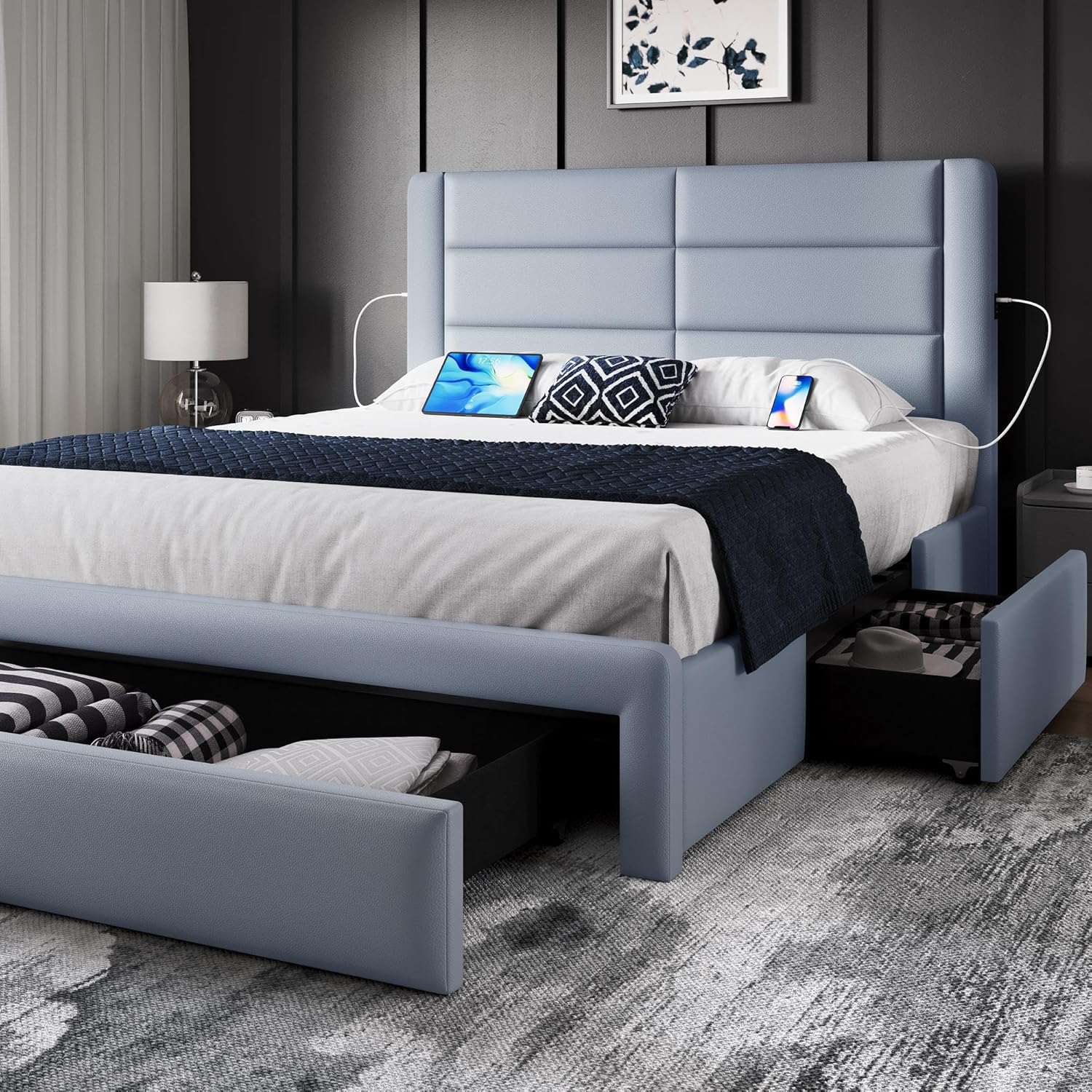 Modern Bed with Storage Drawers, USB Ports, High Upholstered Headboard