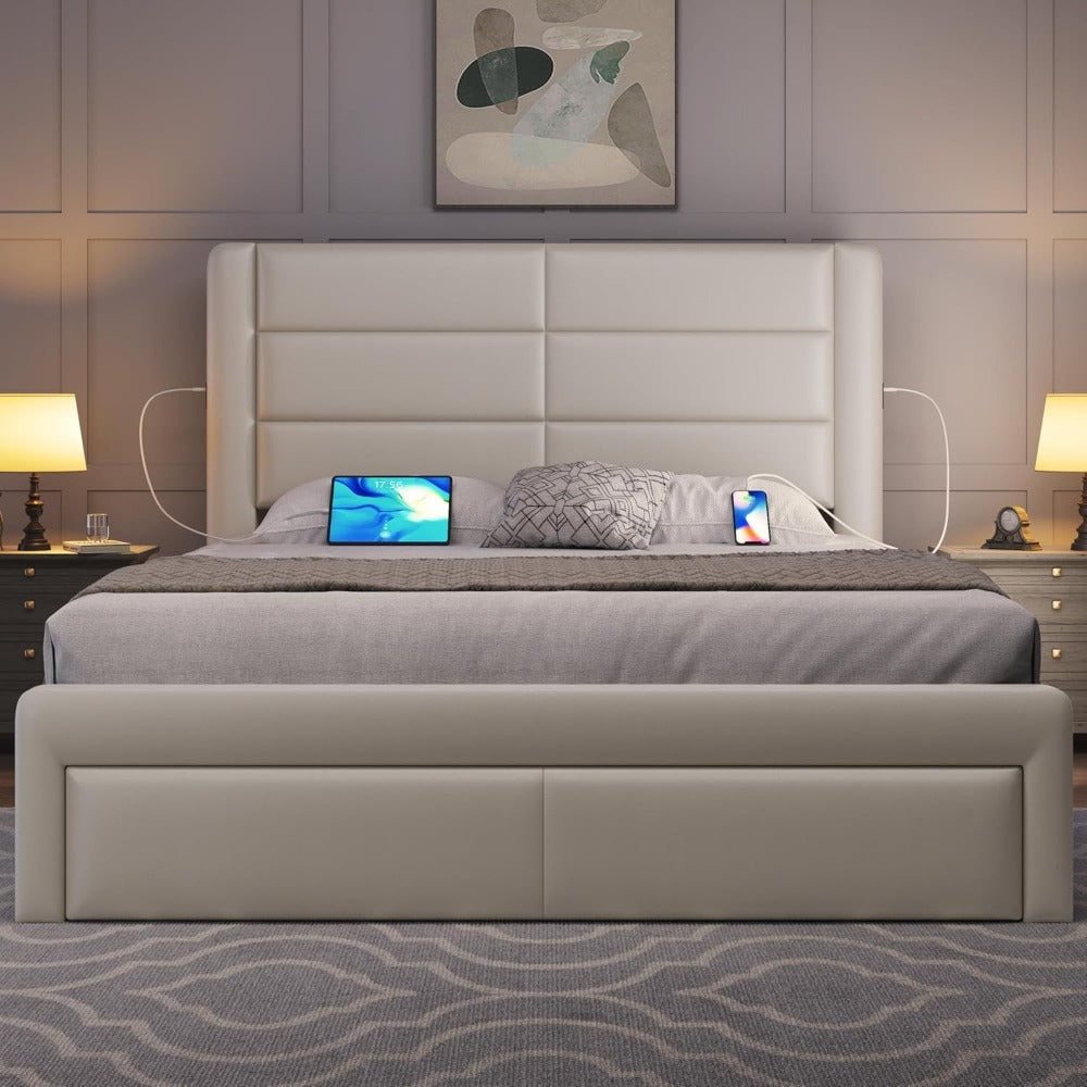 Modern Bed with Storage Drawers, USB Ports, High Upholstered Headboard