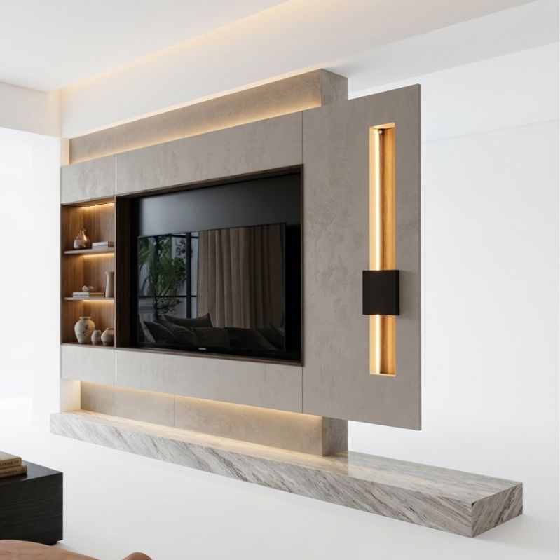 Zenith Monolith Floating Media Wall - Aesthetic Design with a Ghost Console