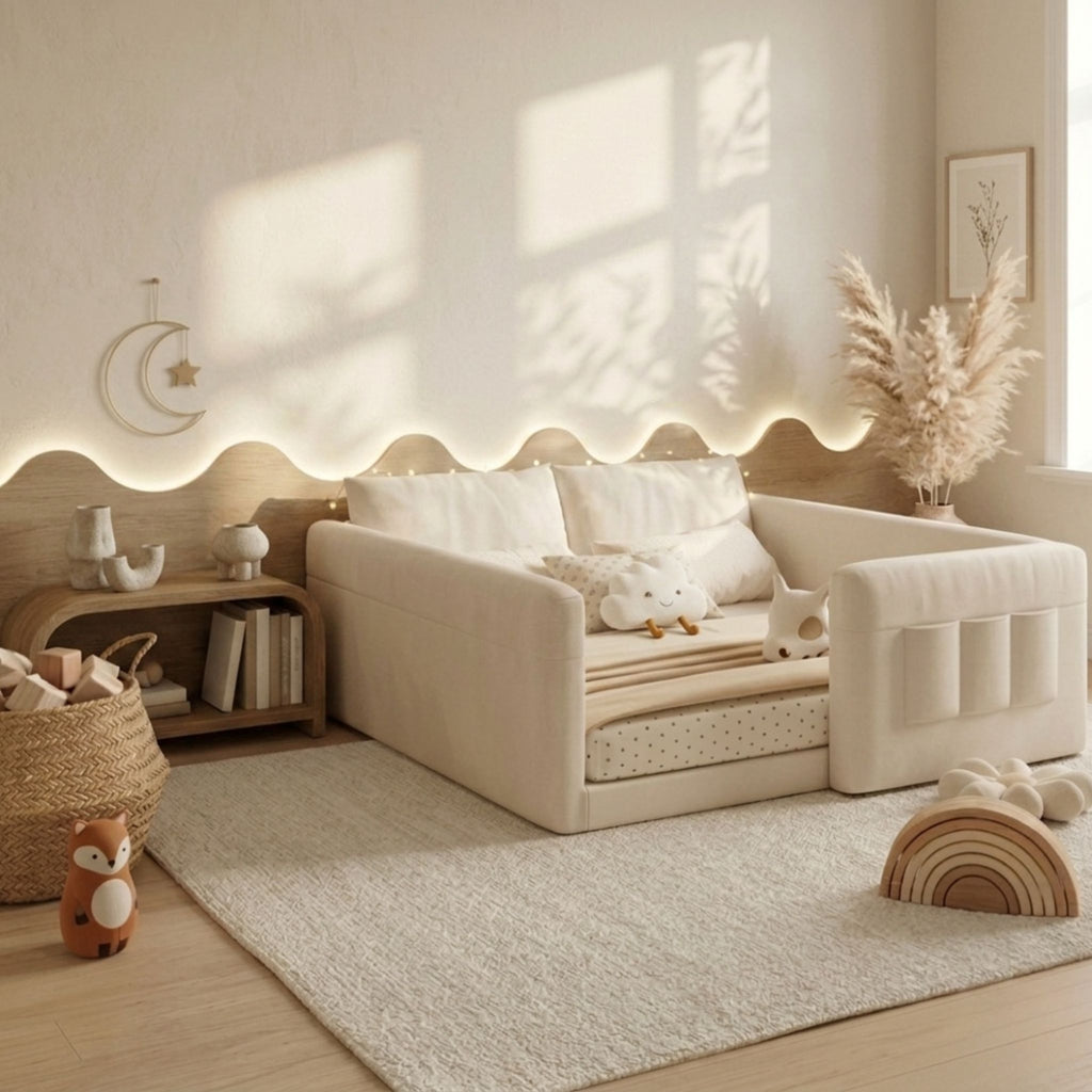 Side perspective of the Anaya Fully Upholstered Floor Bed showing the velvet upholstery and floor-level Montessori design