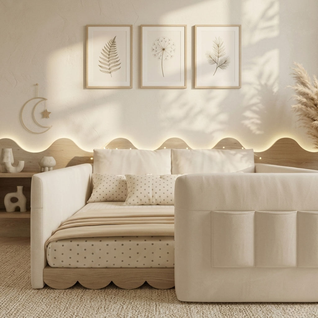 Close-up of the Anaya Fully Upholstered Floor Bed headboard featuring arched bear-ear detailing and smooth matte fabric