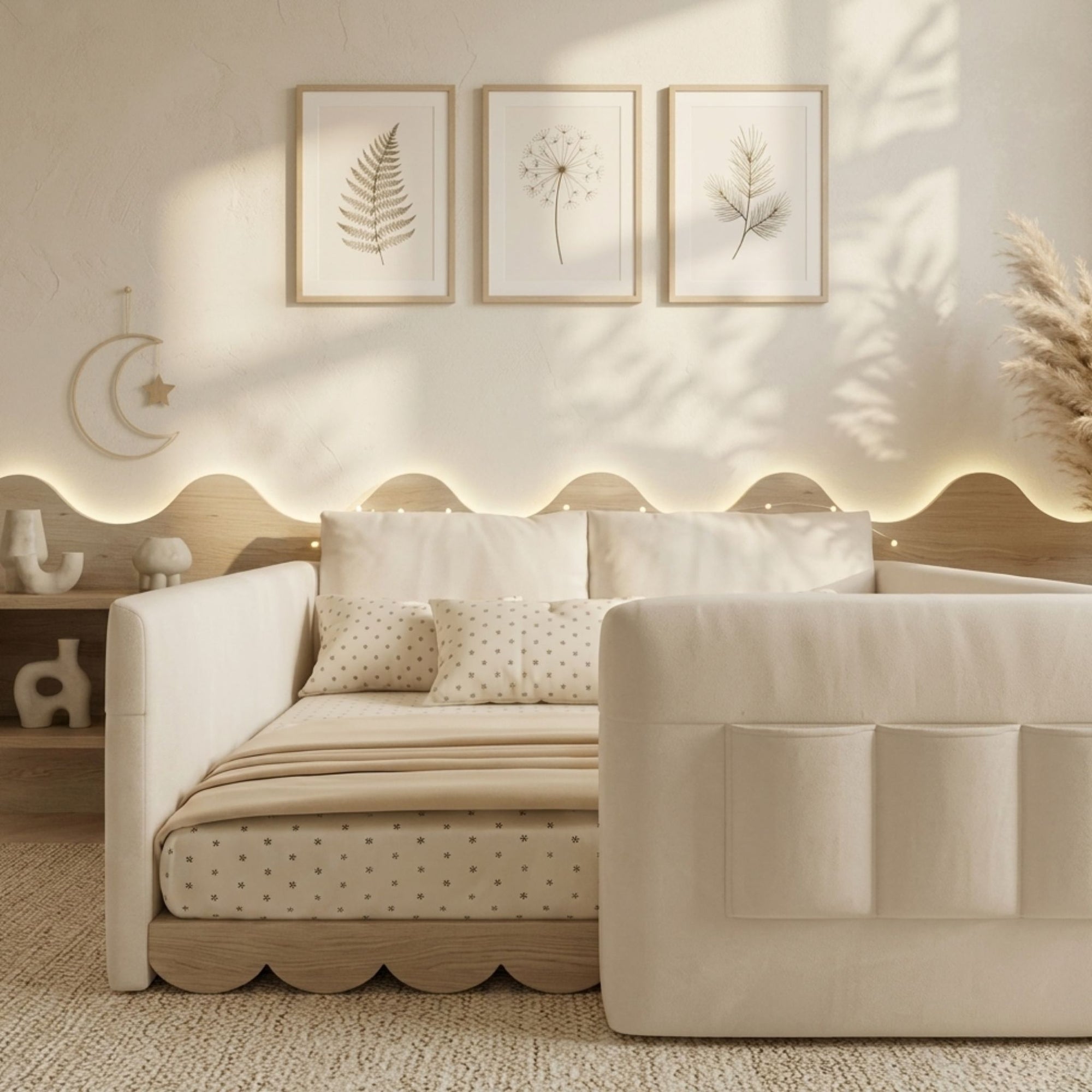 Close-up of the Anaya Fully Upholstered Floor Bed headboard featuring arched bear-ear detailing and smooth matte fabric