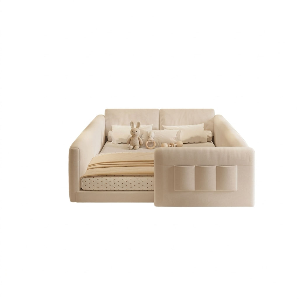 Anaya Fully Upholstered Floor Bed on a clean white background showing the minimalist front profile and tufted headboard