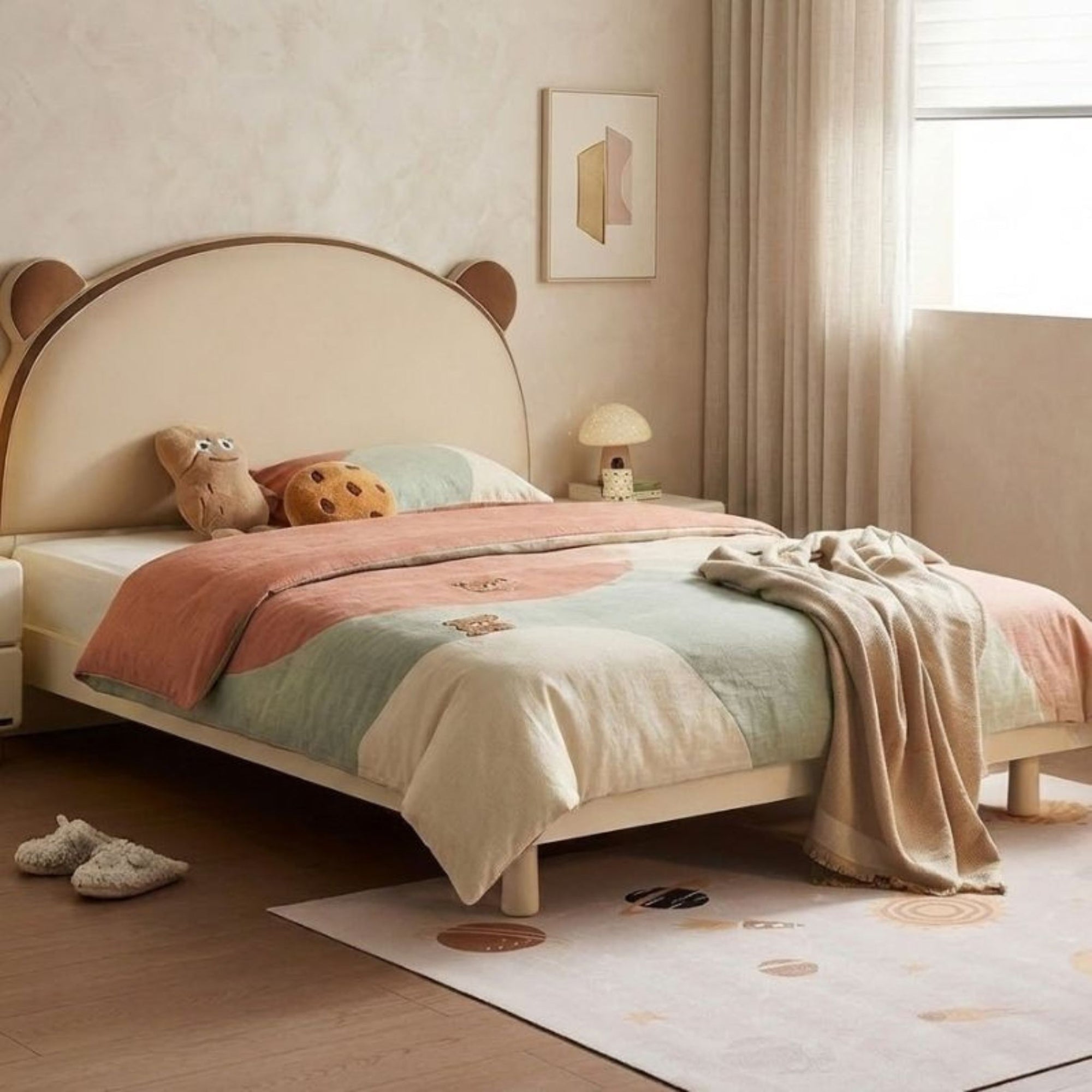 Side perspective of the Arched Heirloom Bear Bedframe showing the soft-touch upholstery and arched silhouette