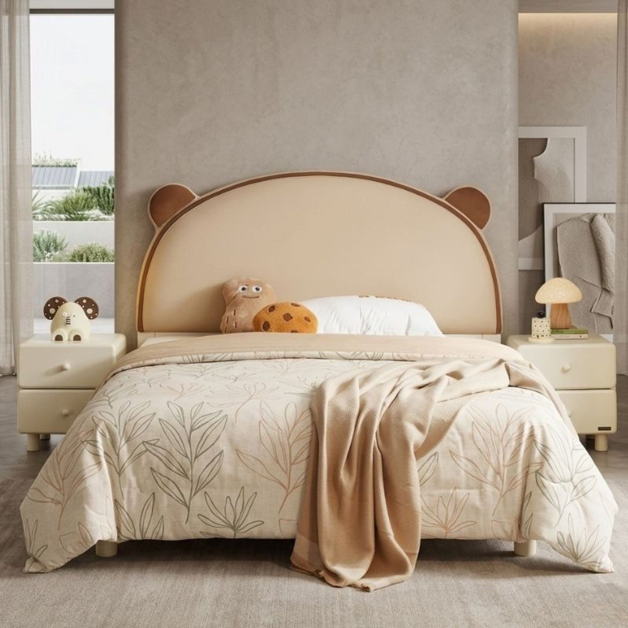Arched Heirloom Bear Bedframe styled in a minimalist nursery setting with clean, modern Japandi elements