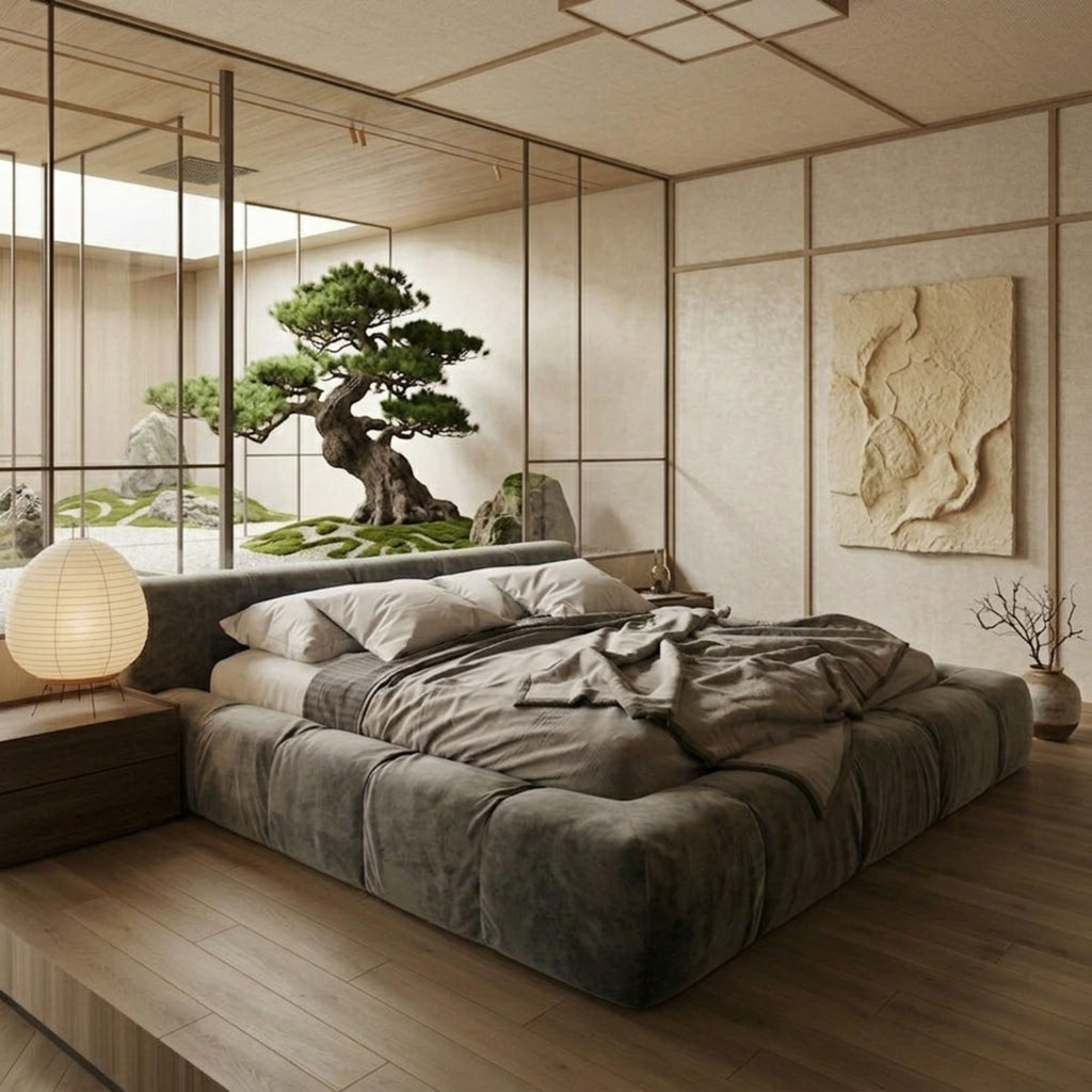 Luxury Astrid low-slung bed in a Japandi-aesthetic bedroom with minimalist wood paneling and a serene bonsai garden view.