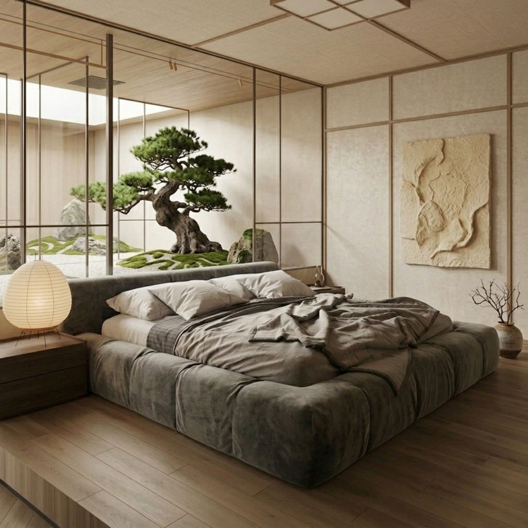 Luxury Astrid low-slung bed in a Japandi-aesthetic bedroom with minimalist wood paneling and a serene bonsai garden view.