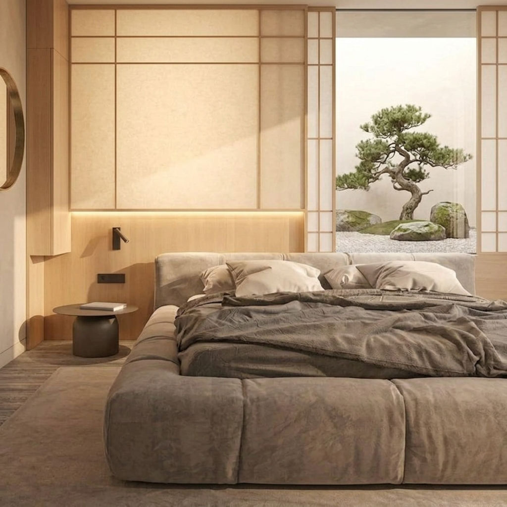 Minimalist Astrid platform bed showing the expansive architectural silhouette and low-profile design for a modern master bedroom.