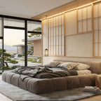 Close-up of the Astrid bed's reinforced solid wood frame construction and premium high-performance velvet upholstery detail.