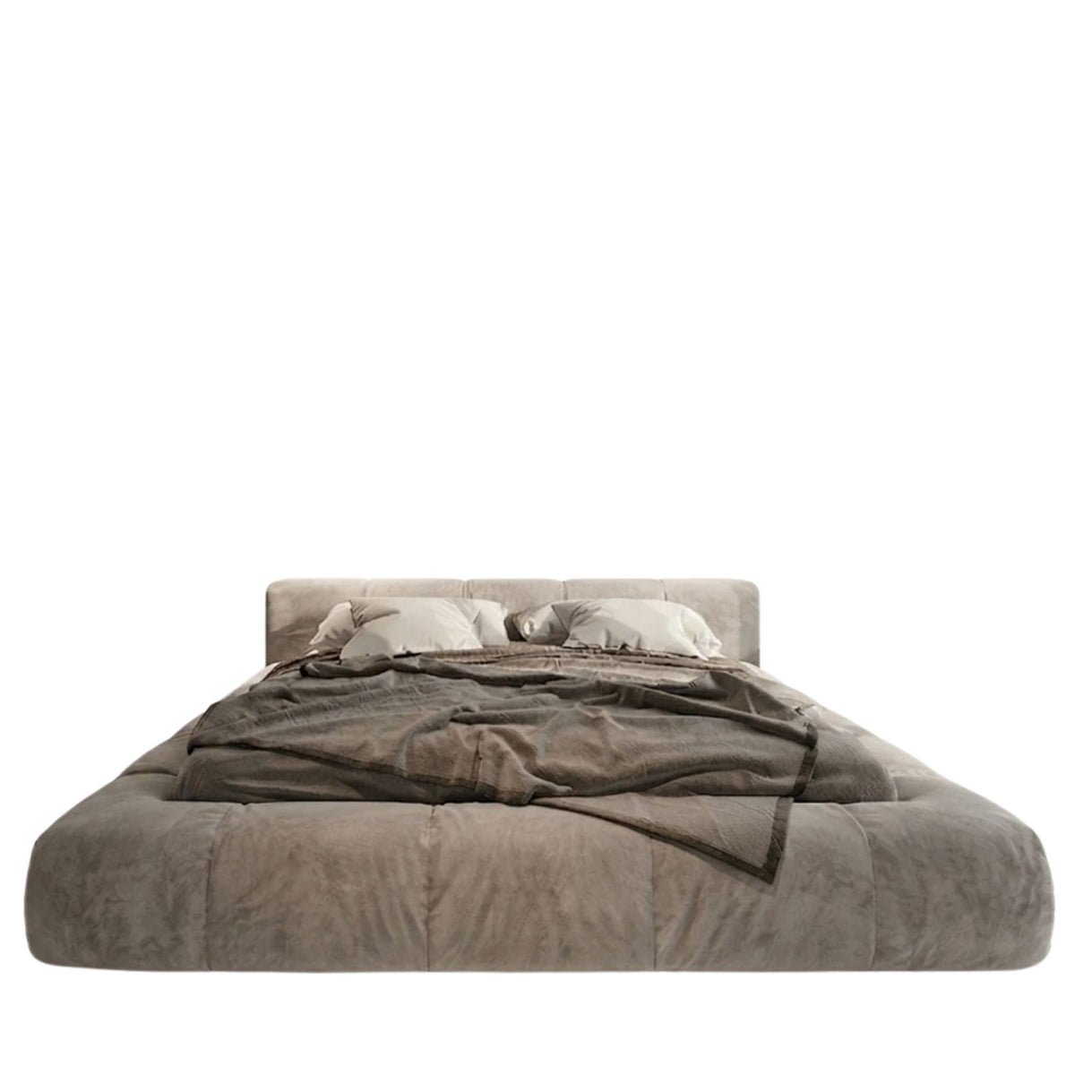 Primary studio shot of the Astrid Low-Profile Bed in neutral velvet on a clean white background