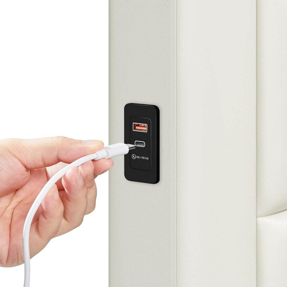 Modern Bed with Storage Drawers, USB Ports, High Upholstered Headboard