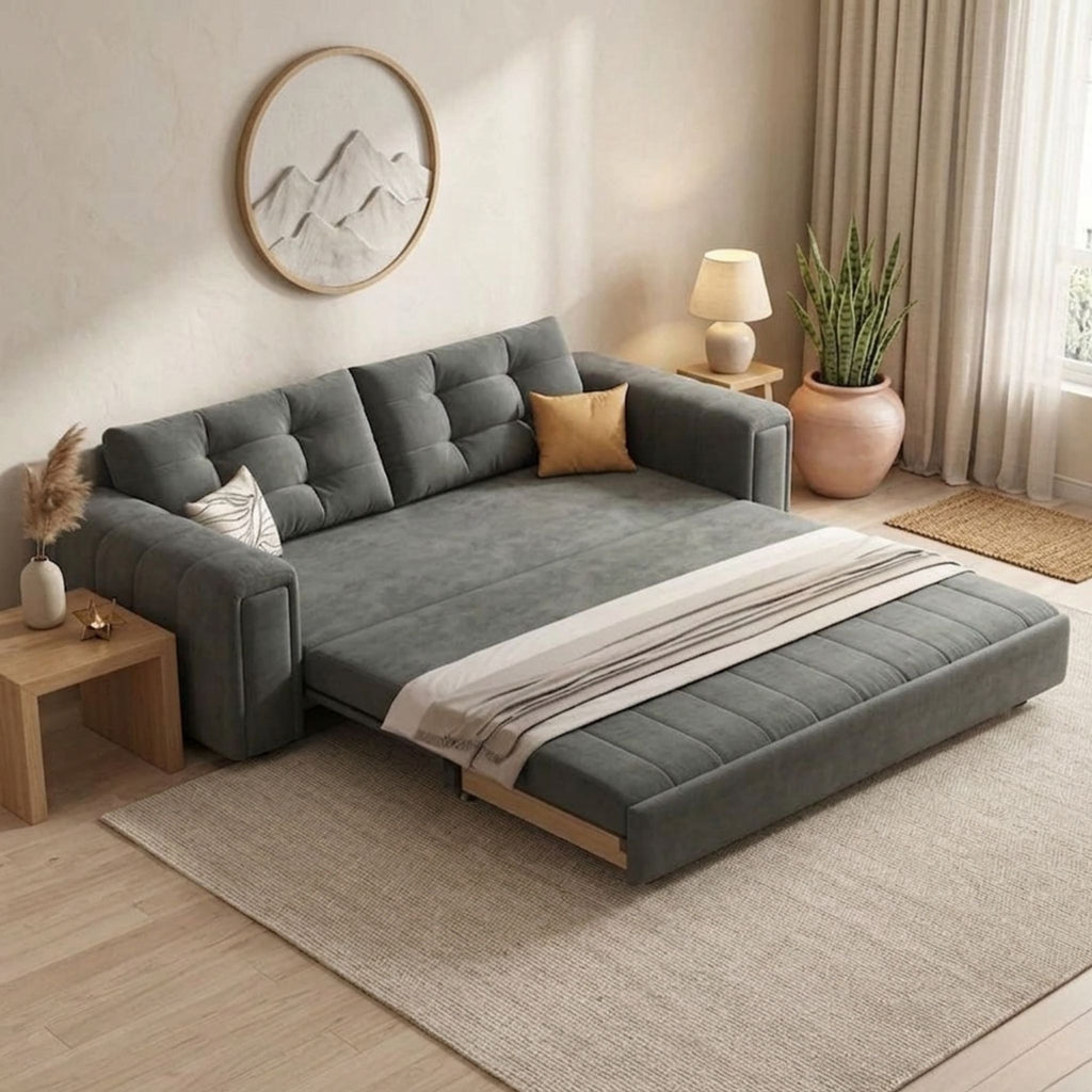 Beatrice sofa bed fully extended into a luxury sleeping platform for guests.