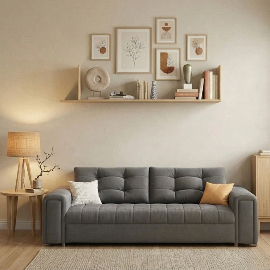 High-end low-profile architectural sofa bed in a modern styled living room.