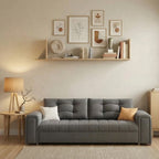 High-end low-profile architectural sofa bed in a modern styled living room.