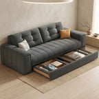 Detail view of the Beatrice sofa bed highlighting the spacious hidden under-seat storage